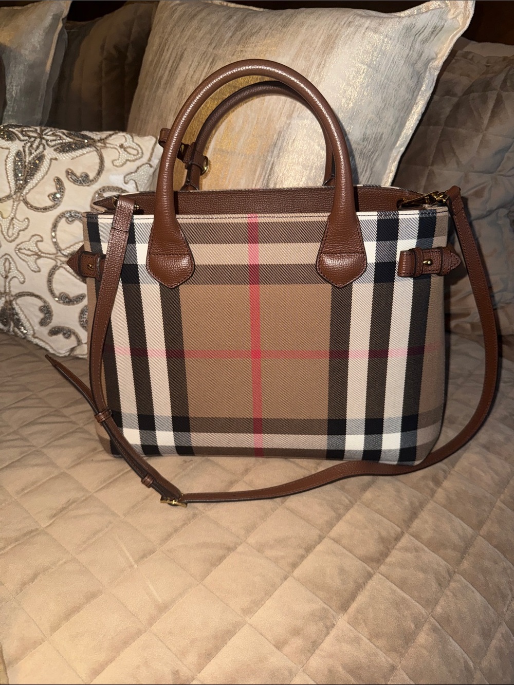 Burberry Brown Vintage Check Satchel with Leather Trim